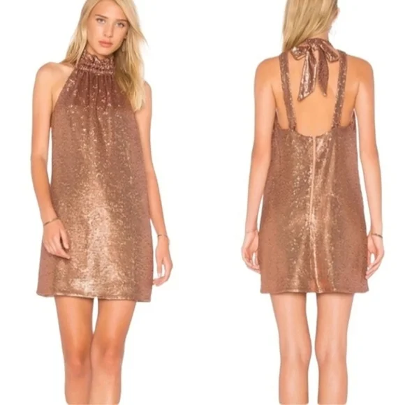 C/MEO Collective Illuminated copper sequin halter mini dress